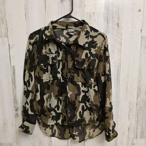 Dots sheer Camouflage Button-Up long sleeve Shirt women's size medium